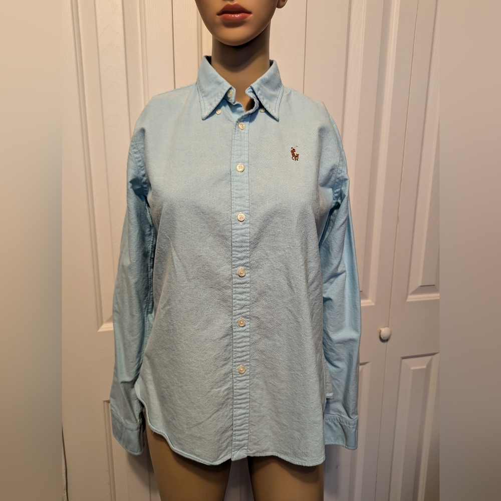 Ralph Lauren Women's Custom-Slim Fit Cotton Washed Oxford Shirt 6 Small, Blue).